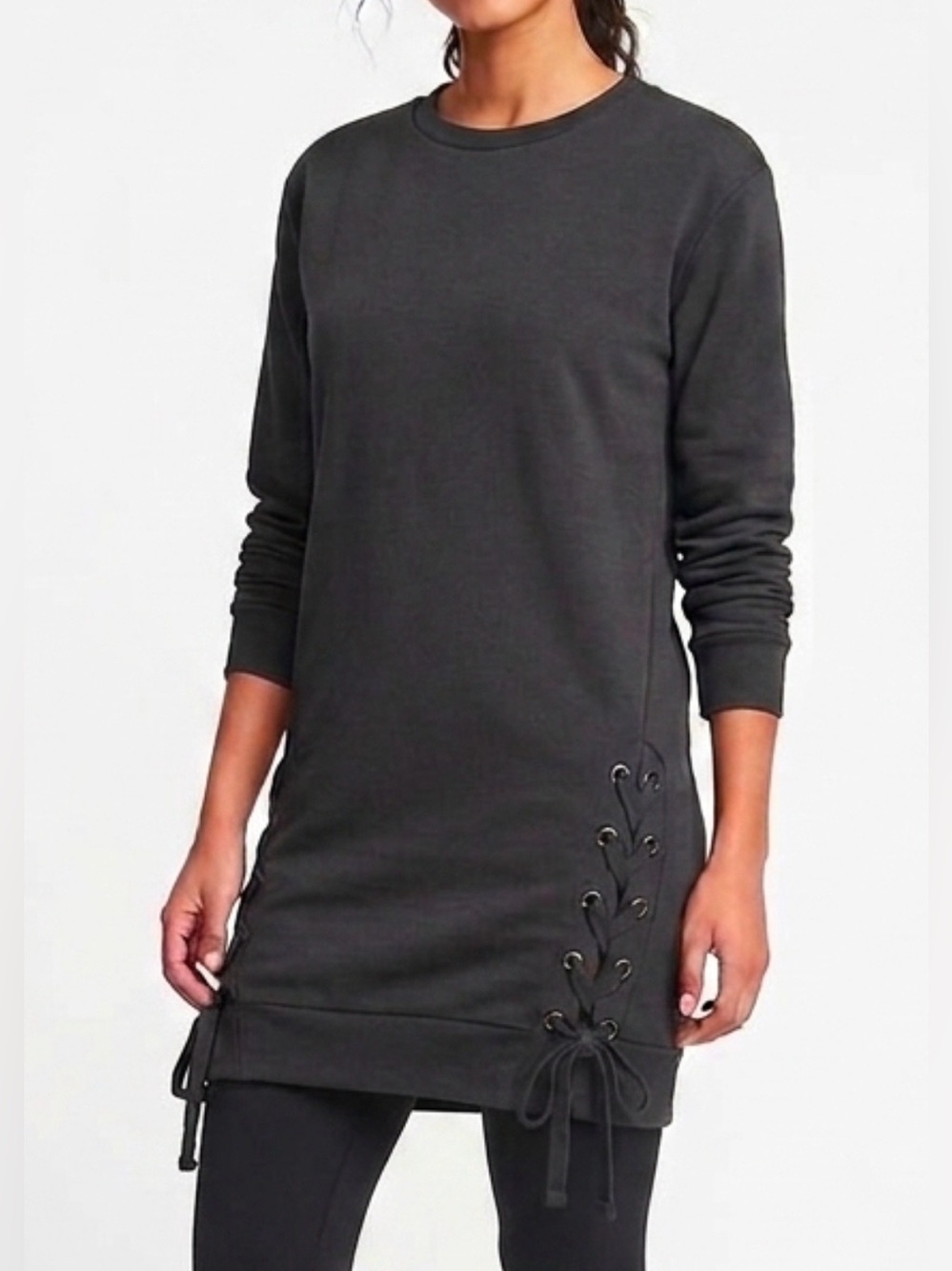 Soprano Long-Sleeve Lace-Up Sweatshirt Tunic in Charcoal Grey - Size XS
